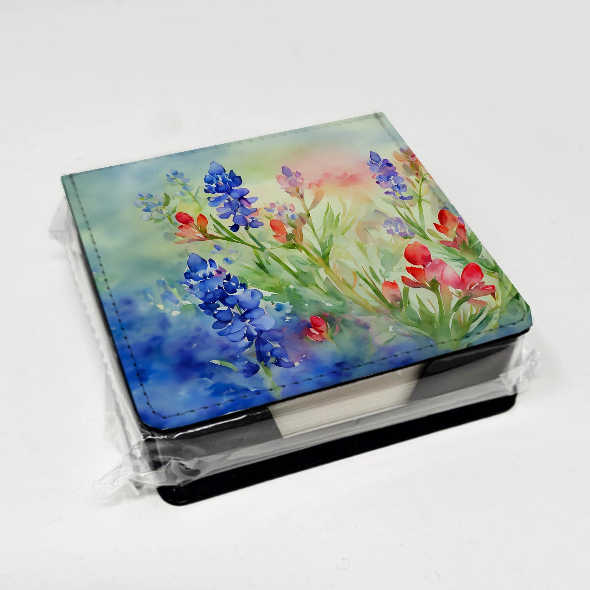Texas Bluebonnets in Watercolor PU Leather Note Paper Holder with Artist-Designed Cover, Desk Accessory, Office Gift