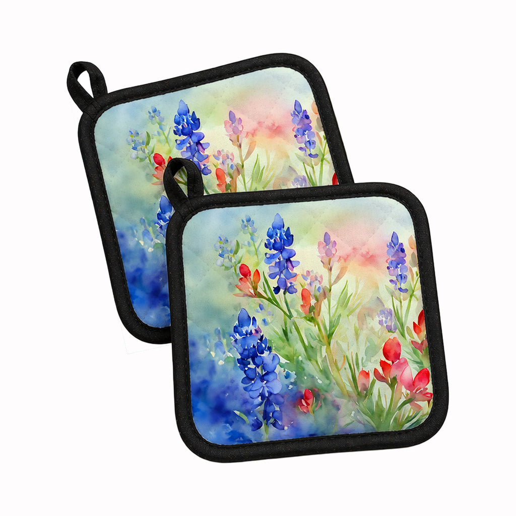 Texas Bluebonnets in Watercolor Pot Holder Set of 2 Heat Resistant Quilted Hot Pads 7.5 x 7.5 Inch, Insulated Kitchen Trivets for Cooking & Baking