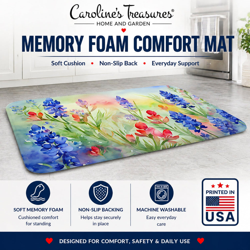 Texas Bluebonnets in Watercolor Memory Foam Kitchen Mat Machine Washable Anti-Fatigue Cushion Comfort Bath or Kitchen Rug