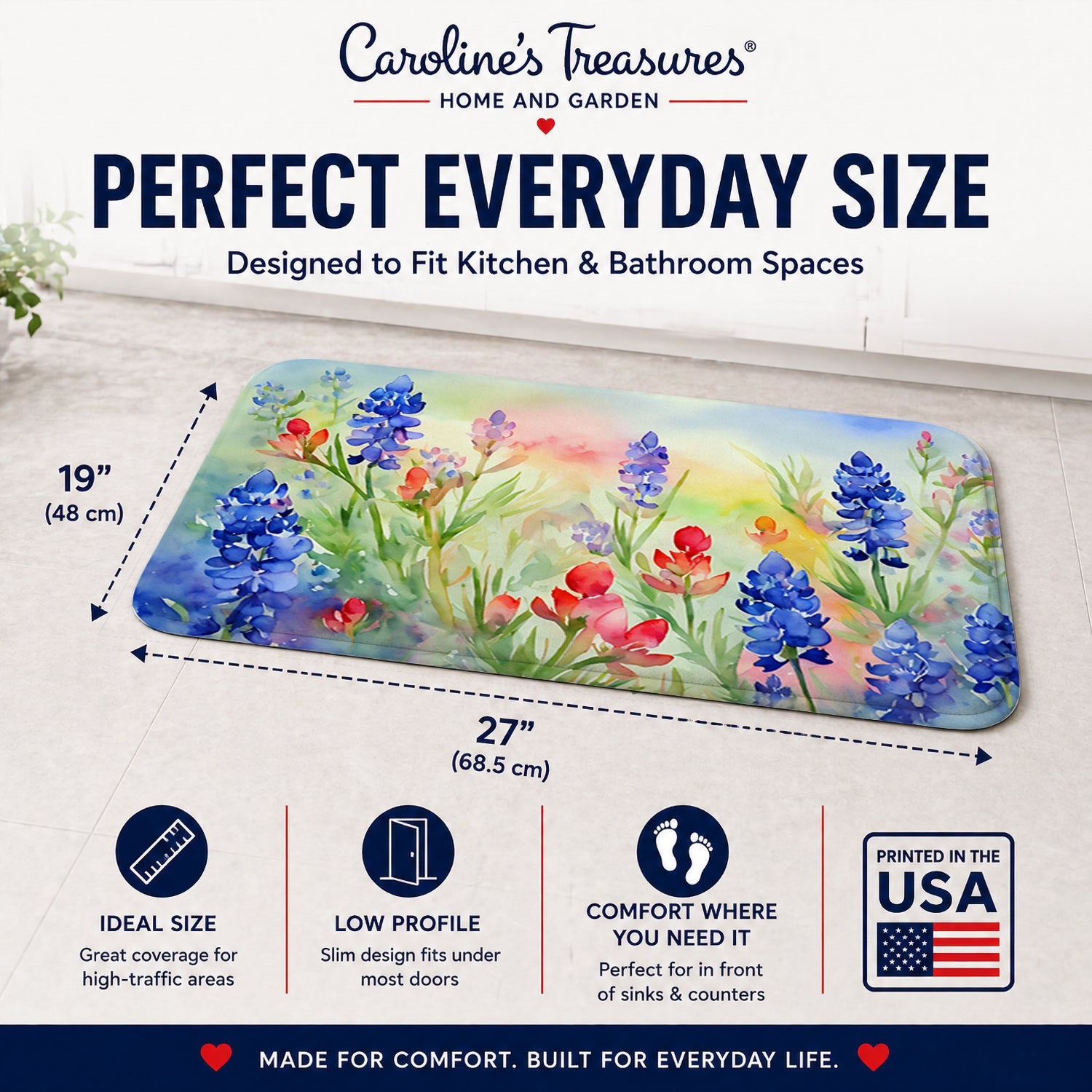 Texas Bluebonnets in Watercolor Memory Foam Kitchen Mat Machine Washable Anti-Fatigue Cushion Comfort Bath or Kitchen Rug