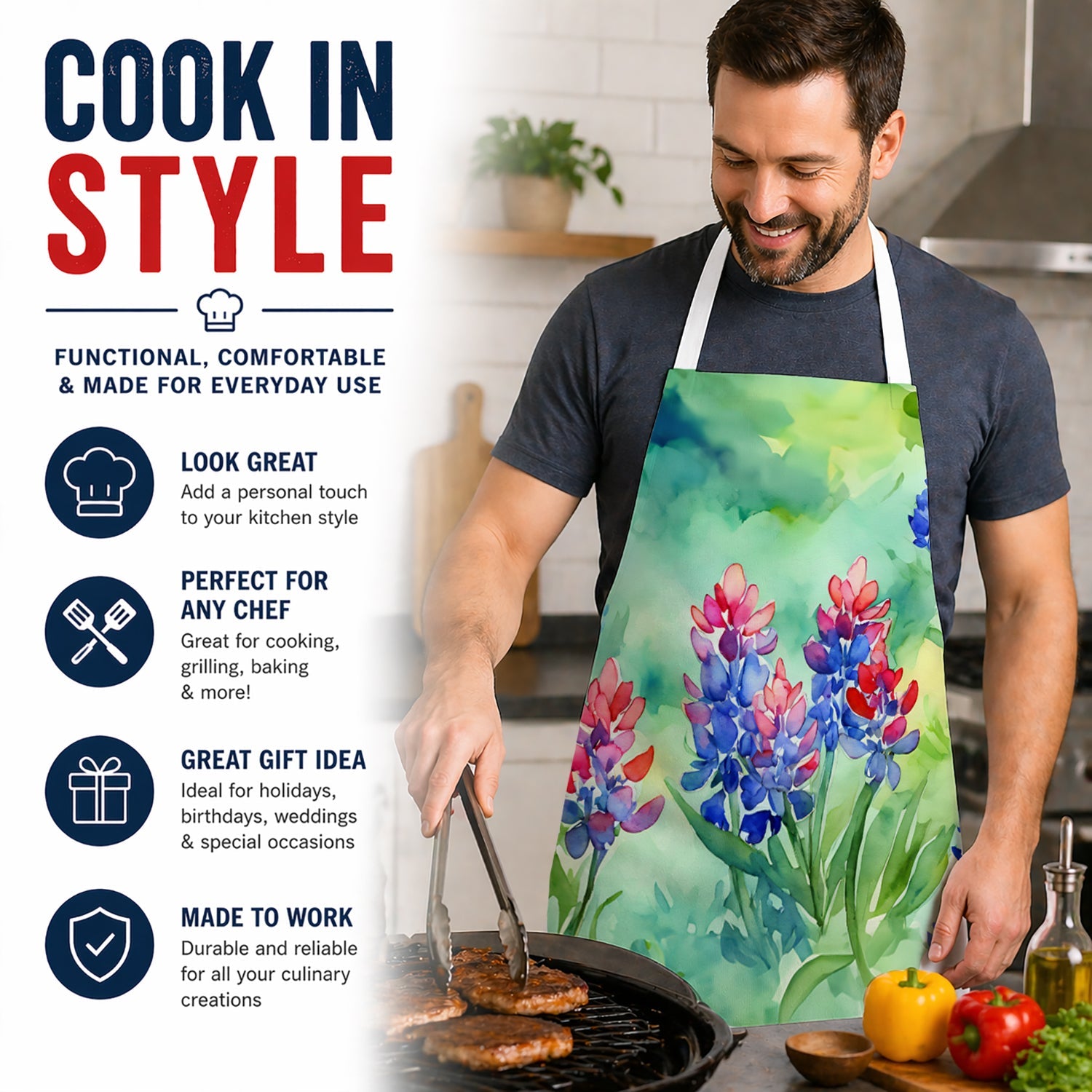 Texas Bluebonnets in Watercolor Apron Cooking Kitchen Server Baking Crafts Gardening for Adult Women Men, Unisex, Large, Multicolor