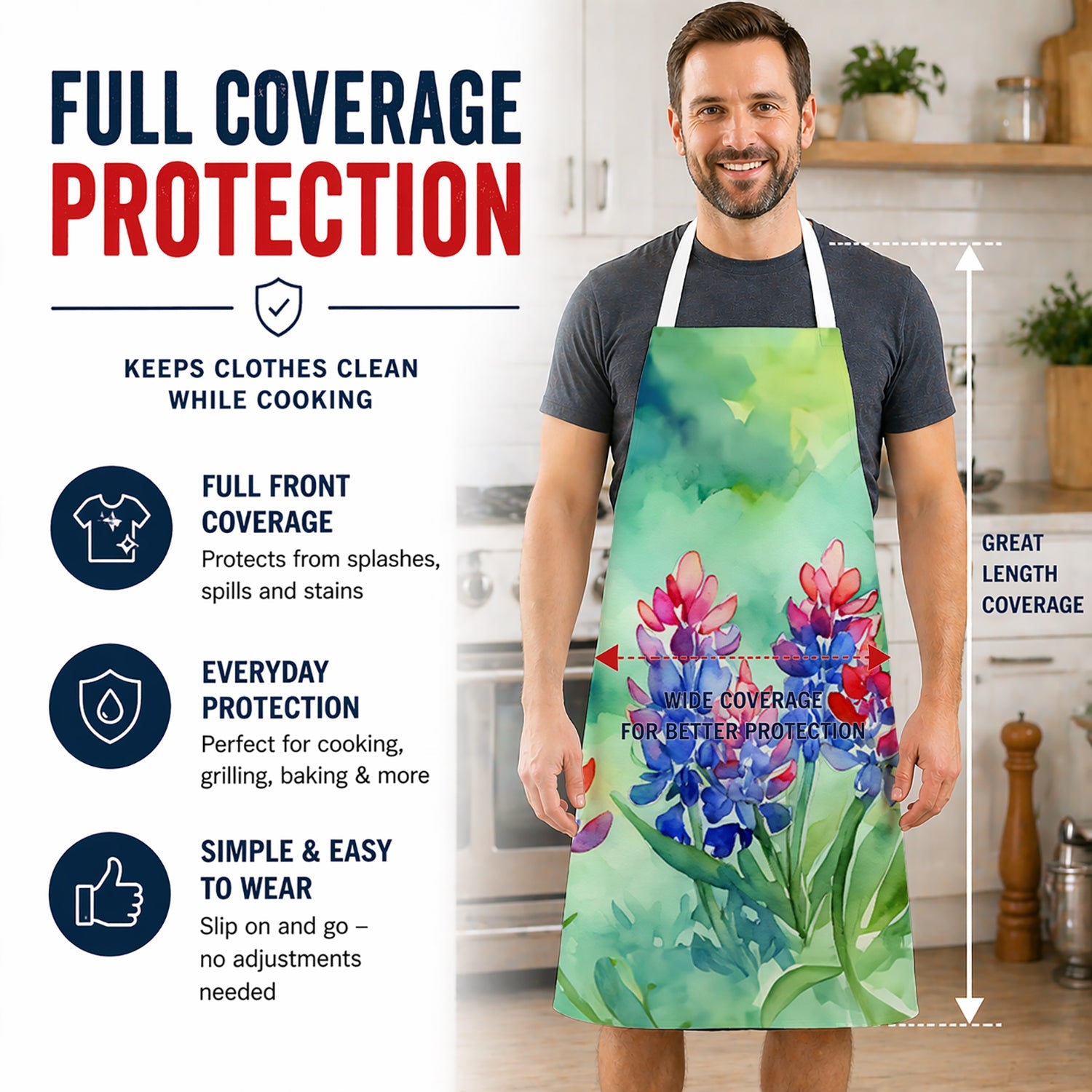 Texas Bluebonnets in Watercolor Apron Cooking Kitchen Server Baking Crafts Gardening for Adult Women Men, Unisex, Large, Multicolor