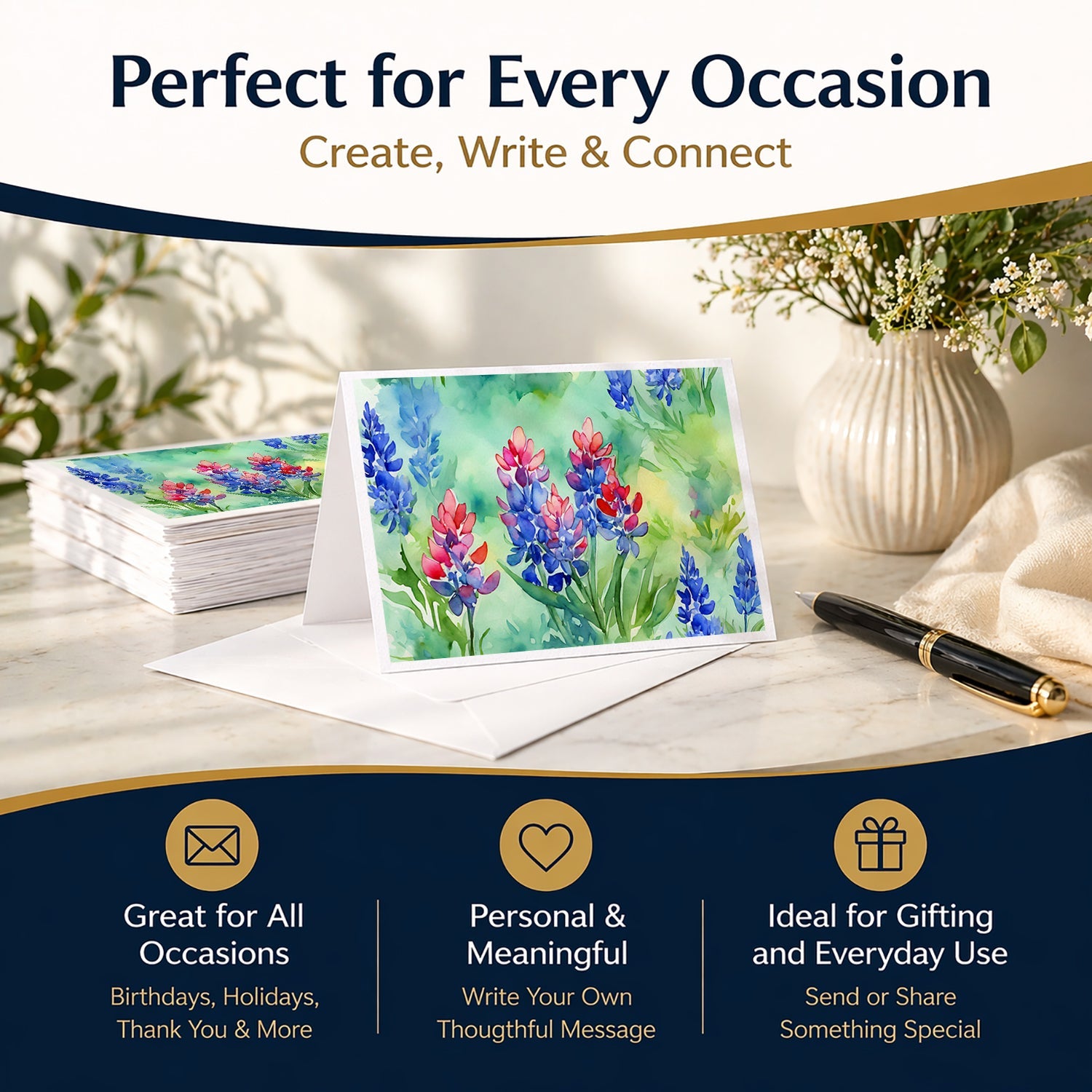 Texas Bluebonnets in Watercolor Greeting Cards Pack of 8 Blank Cards with Envelopes Whimsical A7 Size 5x7