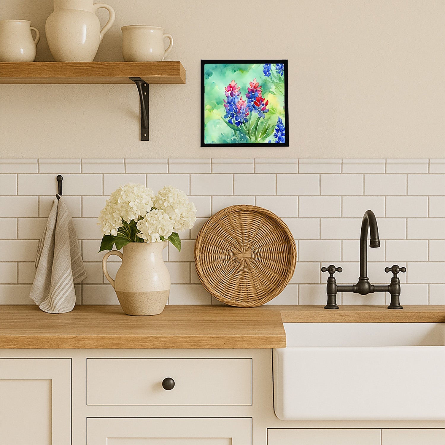Texas Bluebonnets in Watercolor Framed Metal Print Bathroom, Kitchen, Office, Home Decor Wall Art Ready to Hang, Square, 8X8