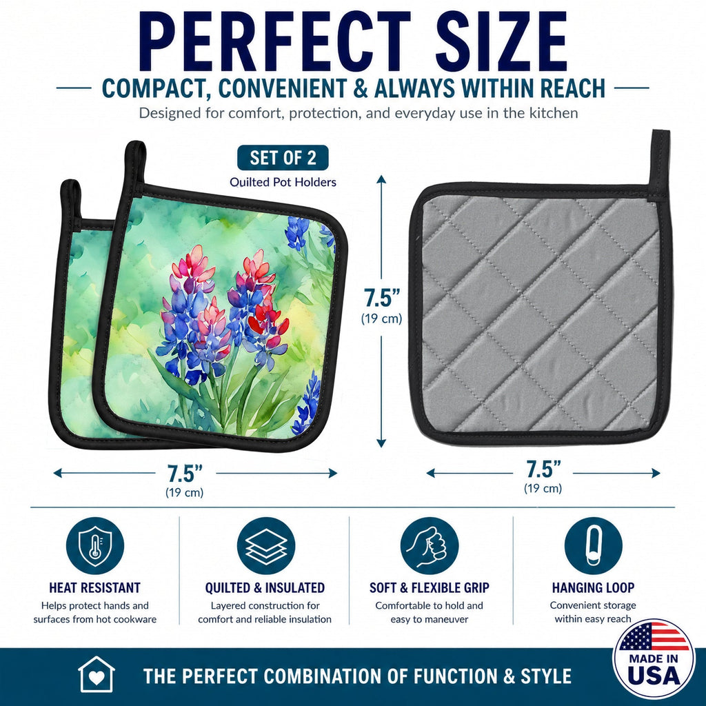 Texas Bluebonnets in Watercolor Pot Holder Set of 2 Heat Resistant Quilted Hot Pads 7.5 x 7.5 Inch, Insulated Kitchen Trivets for Cooking & Baking