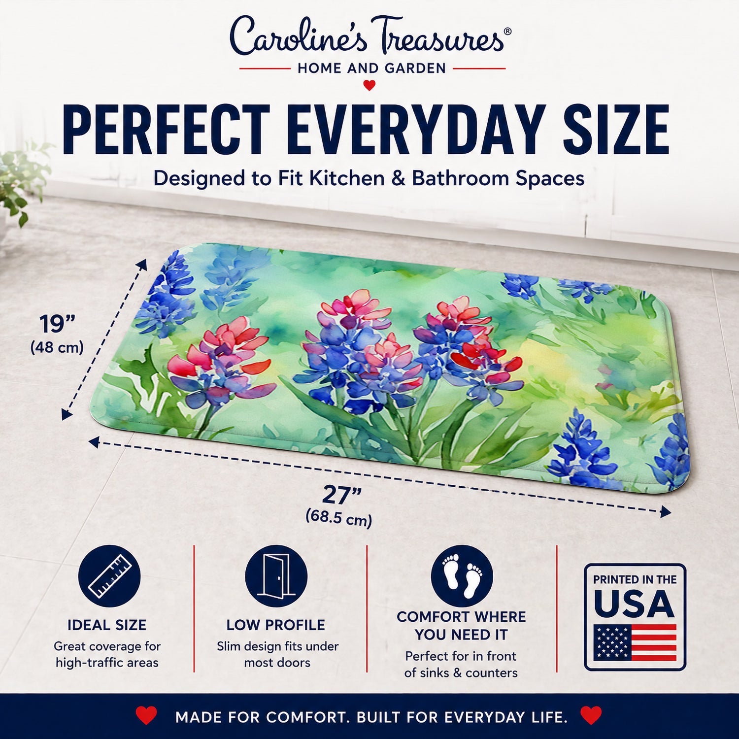 Texas Bluebonnets in Watercolor Memory Foam Kitchen Mat Machine Washable Anti-Fatigue Cushion Comfort Bath or Kitchen Rug