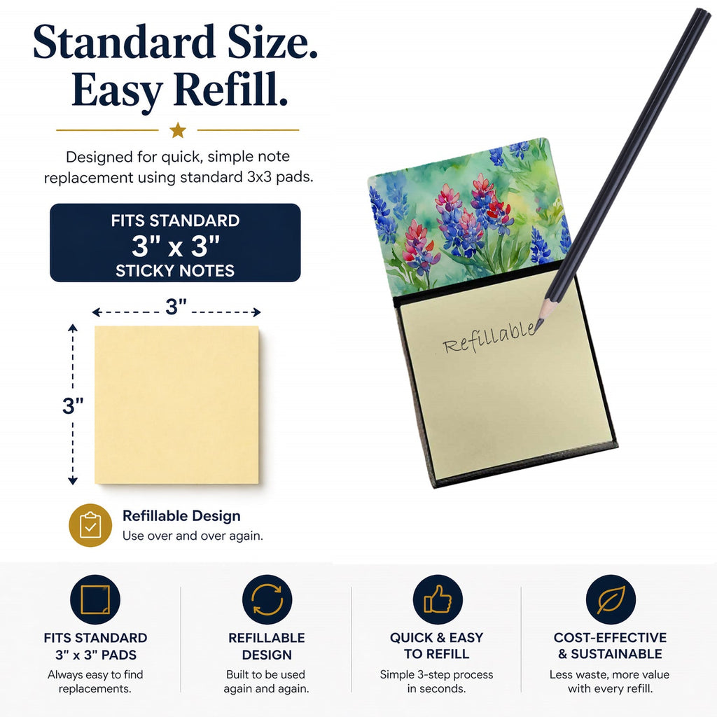Texas Bluebonnets in Watercolor Watercolor Sticky Note Holder Refillable Dispenser Desk Accessory 3x3 Pad Gift