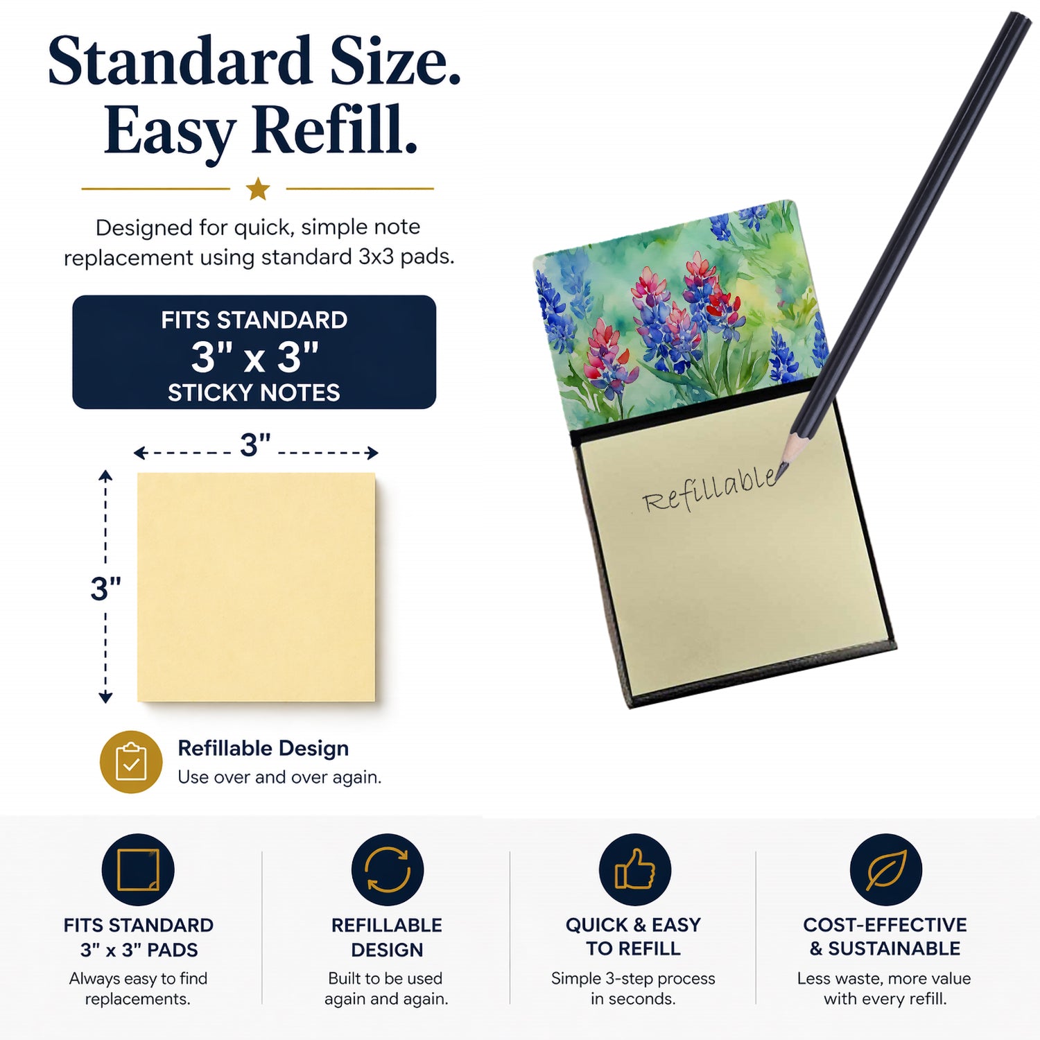 Texas Bluebonnets in Watercolor Watercolor Sticky Note Holder Refillable Dispenser Desk Accessory 3x3 Pad Gift