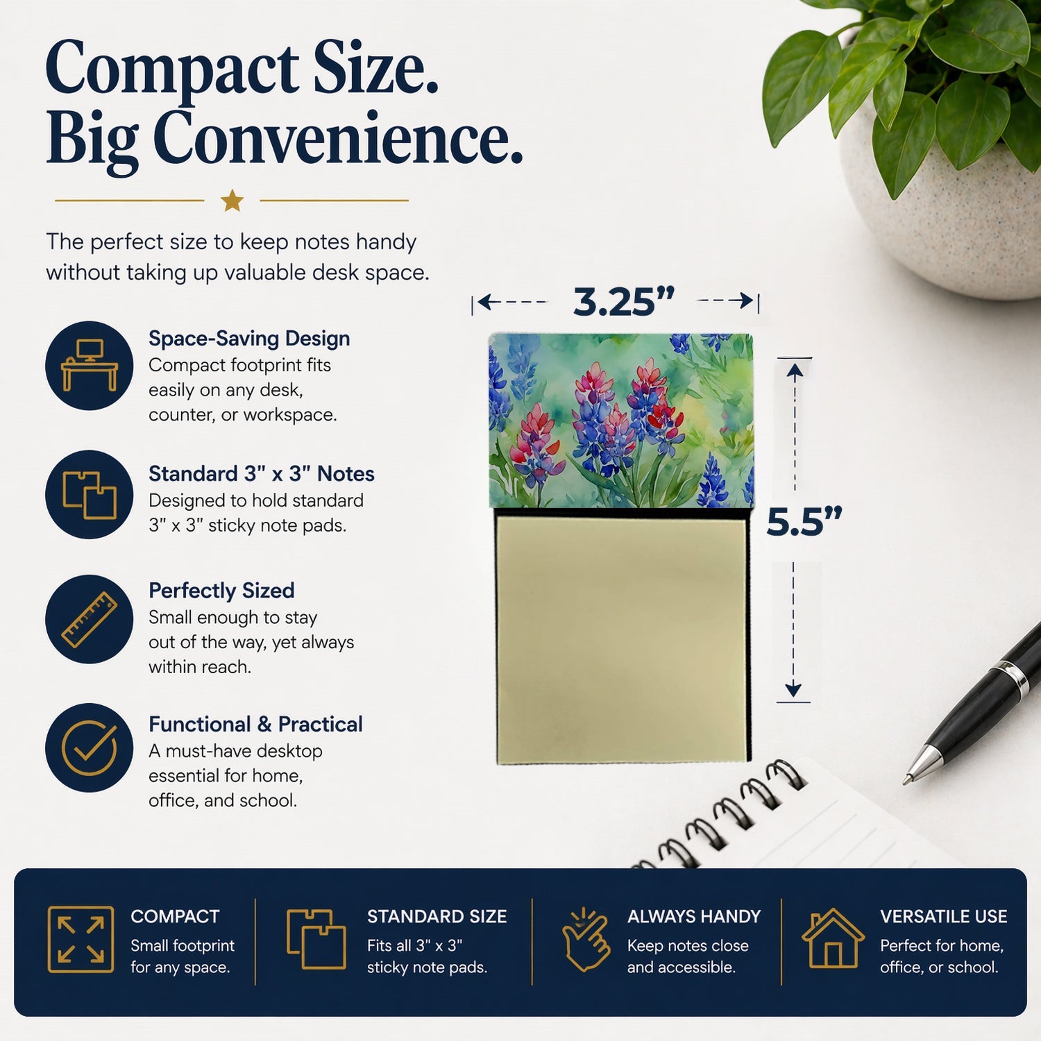 Texas Bluebonnets in Watercolor Watercolor Sticky Note Holder Refillable Dispenser Desk Accessory 3x3 Pad Gift
