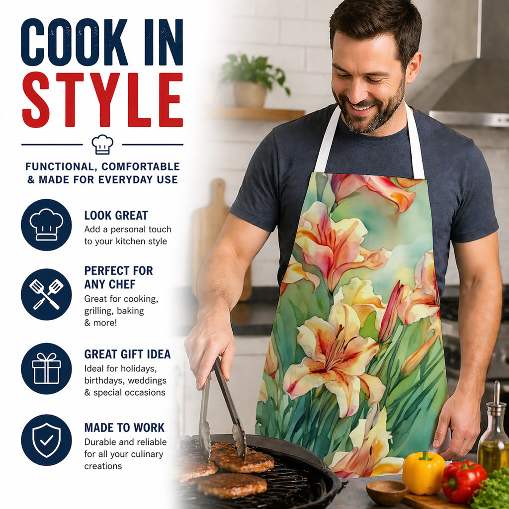Utah Sego Lilies in Watercolor Apron Cooking Kitchen Server Baking Crafts Gardening for Adult Women Men, Unisex, Large, Multicolor