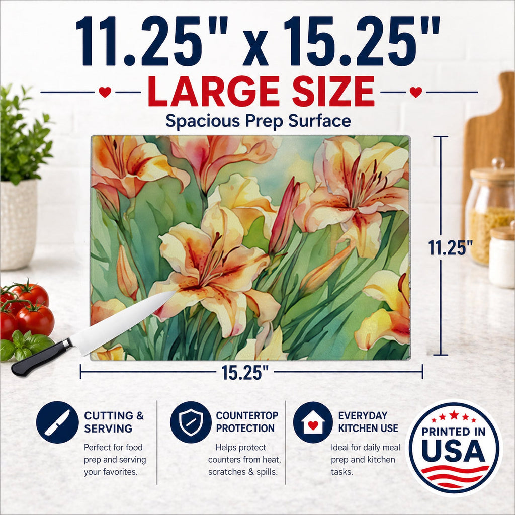 Utah Sego Lilies in Watercolor Cutting Board Tempered Glass Kitchen Cutting Surface, Heat Resistant Chopping, Non-Slip Feet, Food Prep & Serving
