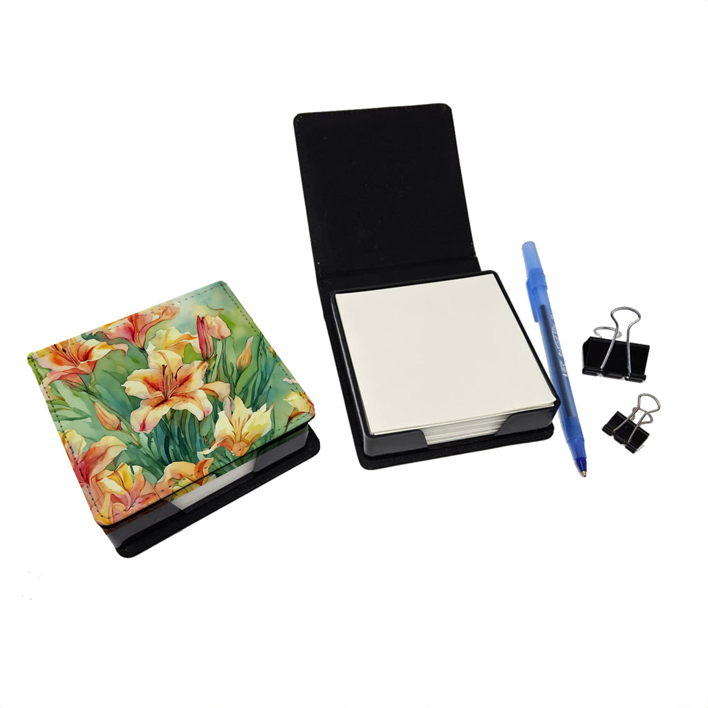 Utah Sego Lilies in Watercolor PU Leather Note Paper Holder with Artist-Designed Cover, Desk Accessory, Office Gift