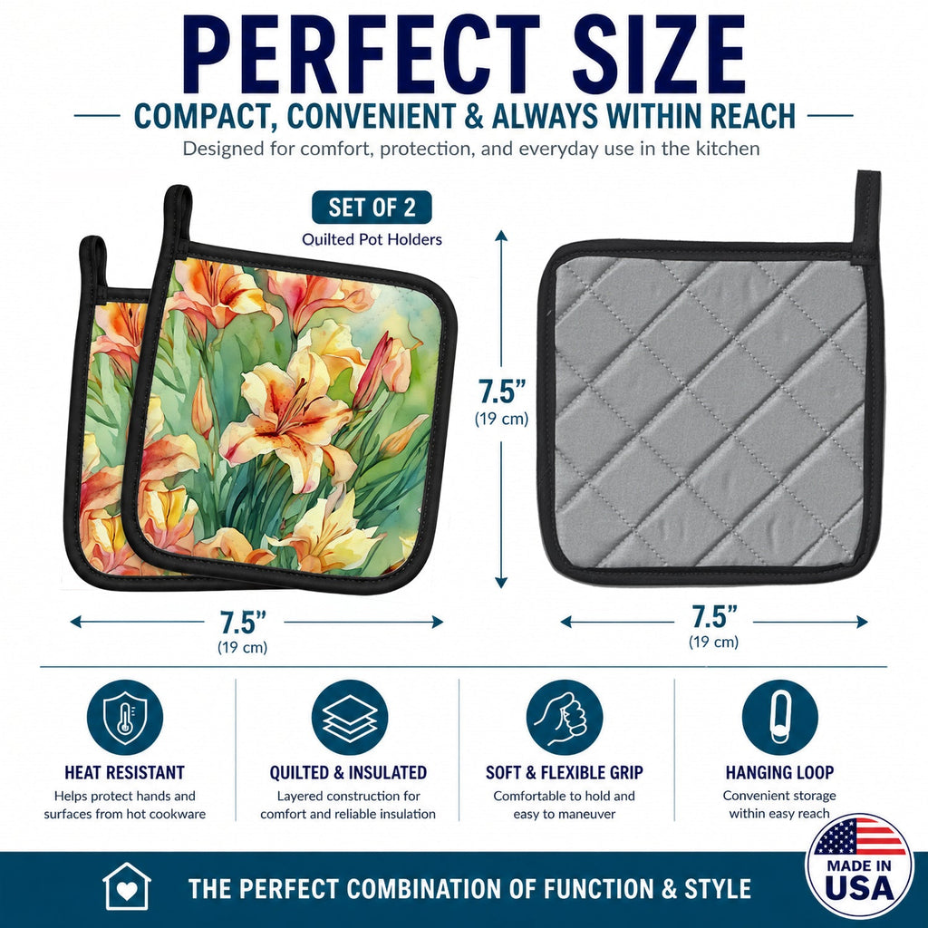 Utah Sego Lilies in Watercolor Pot Holder Set of 2 Heat Resistant Quilted Hot Pads 7.5 x 7.5 Inch, Insulated Kitchen Trivets for Cooking & Baking