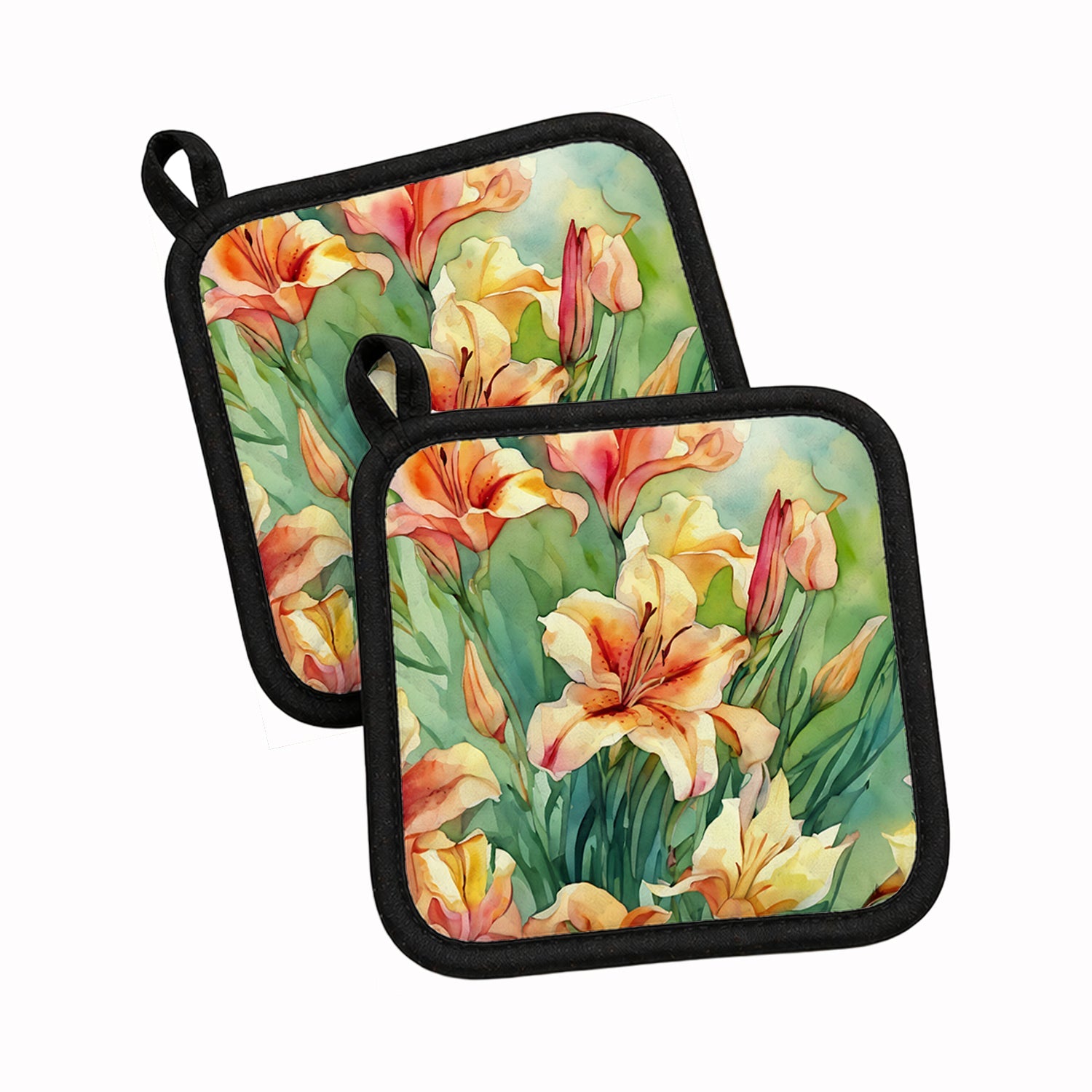 Utah Sego Lilies in Watercolor Pot Holder Set of 2 Heat Resistant Quilted Hot Pads 7.5 x 7.5 Inch, Insulated Kitchen Trivets for Cooking & Baking