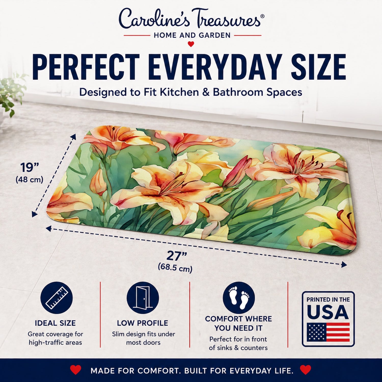 Utah Sego Lilies in Watercolor Memory Foam Kitchen Mat Machine Washable Anti-Fatigue Cushion Comfort Bath or Kitchen Rug