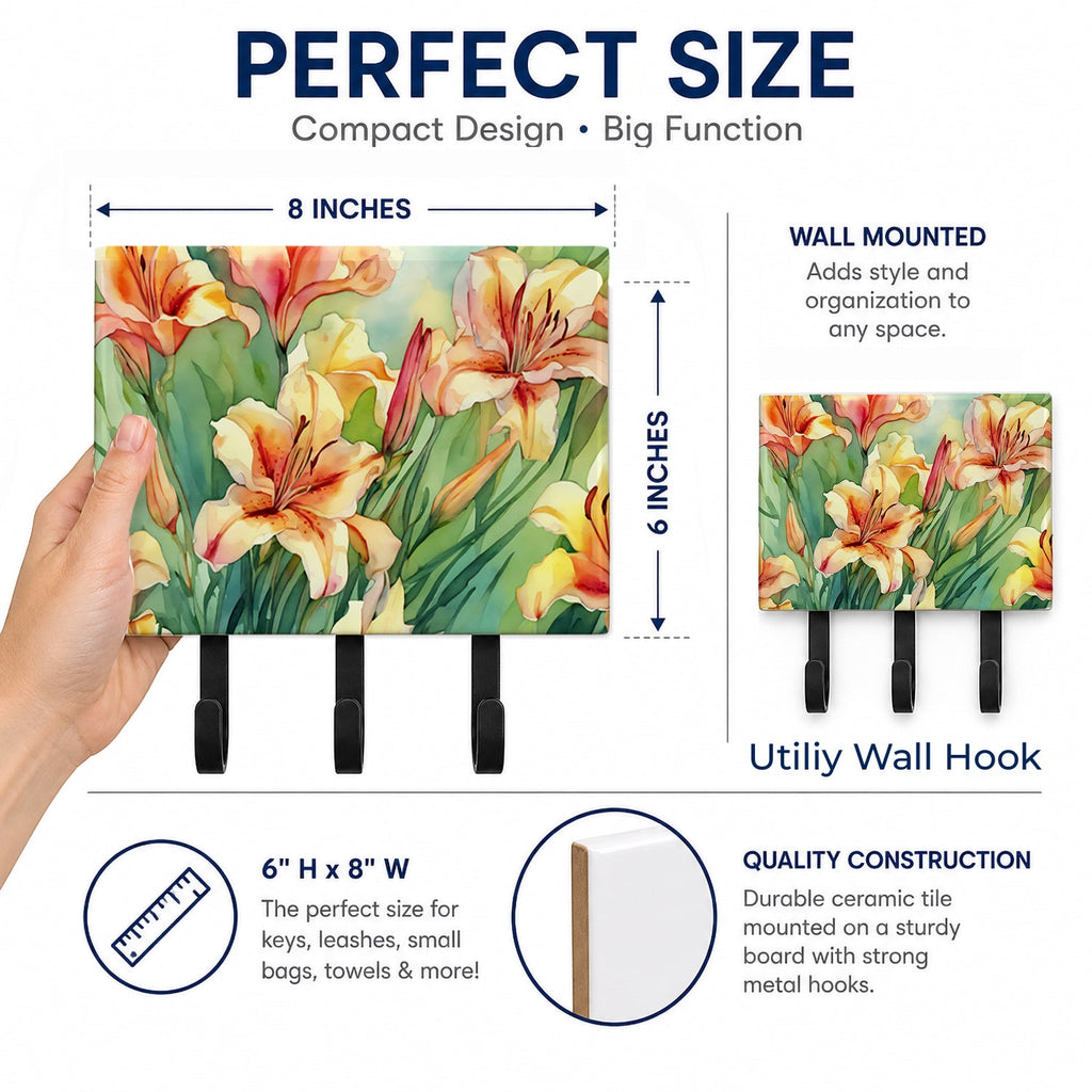 Utah Sego Lilies in Watercolor Leash or Key Holder Wall Hooks, Coat Rack Wall Mount, for Hanging Keys, Towels, Aprons, Leashes