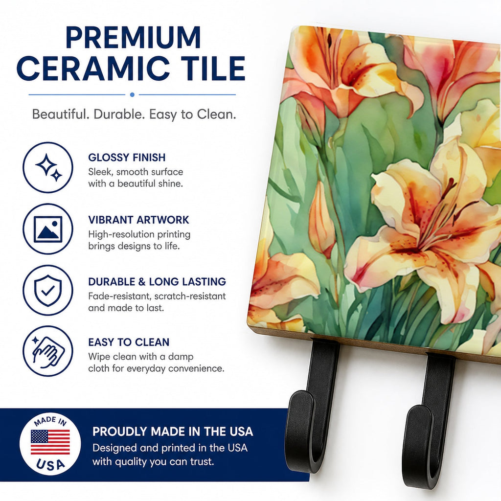 Utah Sego Lilies in Watercolor Leash or Key Holder Wall Hooks, Coat Rack Wall Mount, for Hanging Keys, Towels, Aprons, Leashes