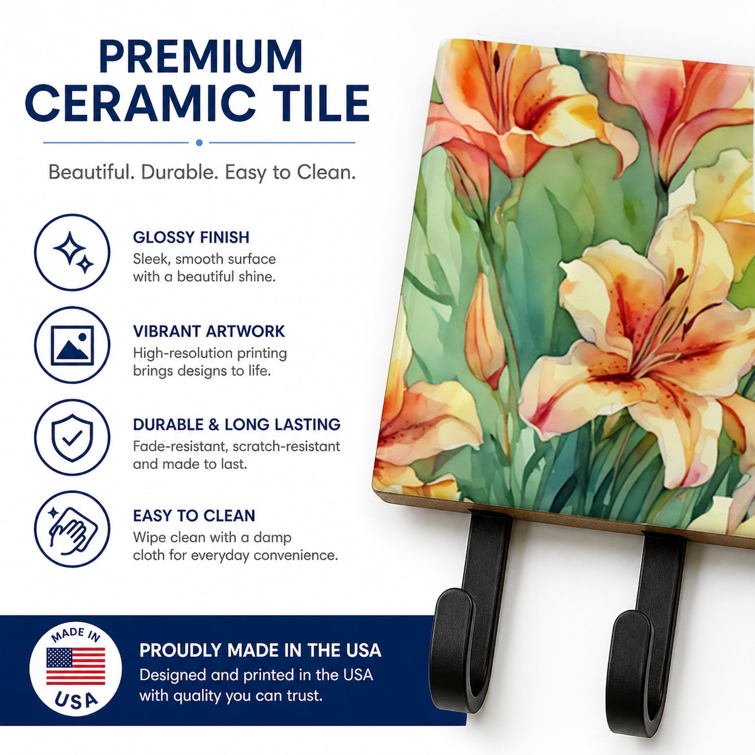 Utah Sego Lilies in Watercolor Leash or Key Holder Wall Hooks, Coat Rack Wall Mount, for Hanging Keys, Towels, Aprons, Leashes