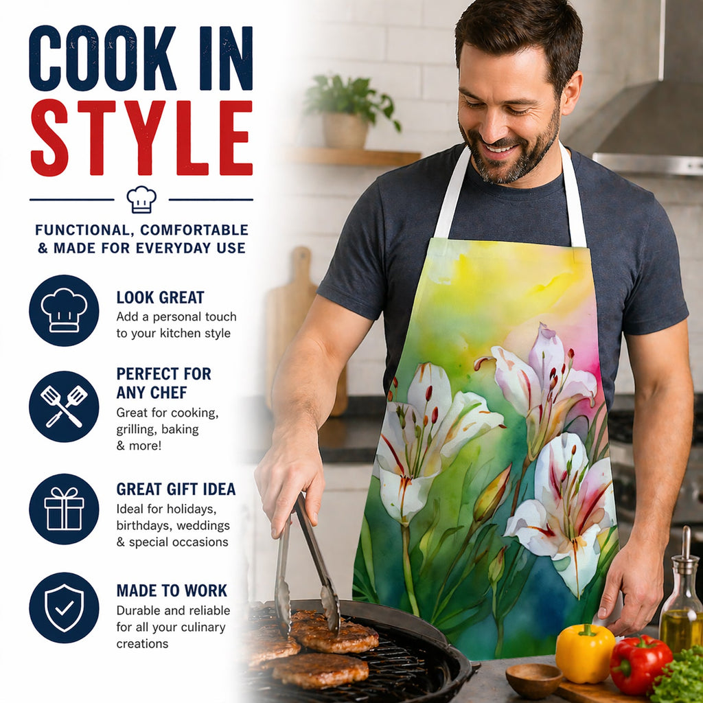 Utah Sego Lilies in Watercolor Apron Cooking Kitchen Server Baking Crafts Gardening for Adult Women Men, Unisex, Large, Multicolor