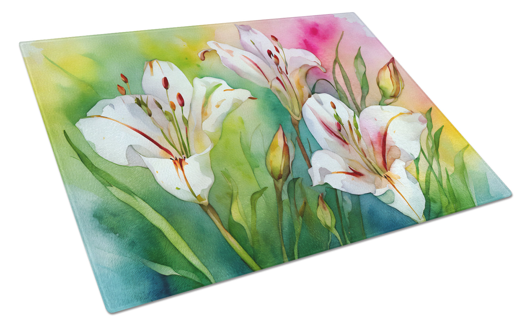 Utah Sego Lilies in Watercolor Cutting Board Tempered Glass Kitchen Cutting Surface, Heat Resistant Chopping, Non-Slip Feet, Food Prep & Serving