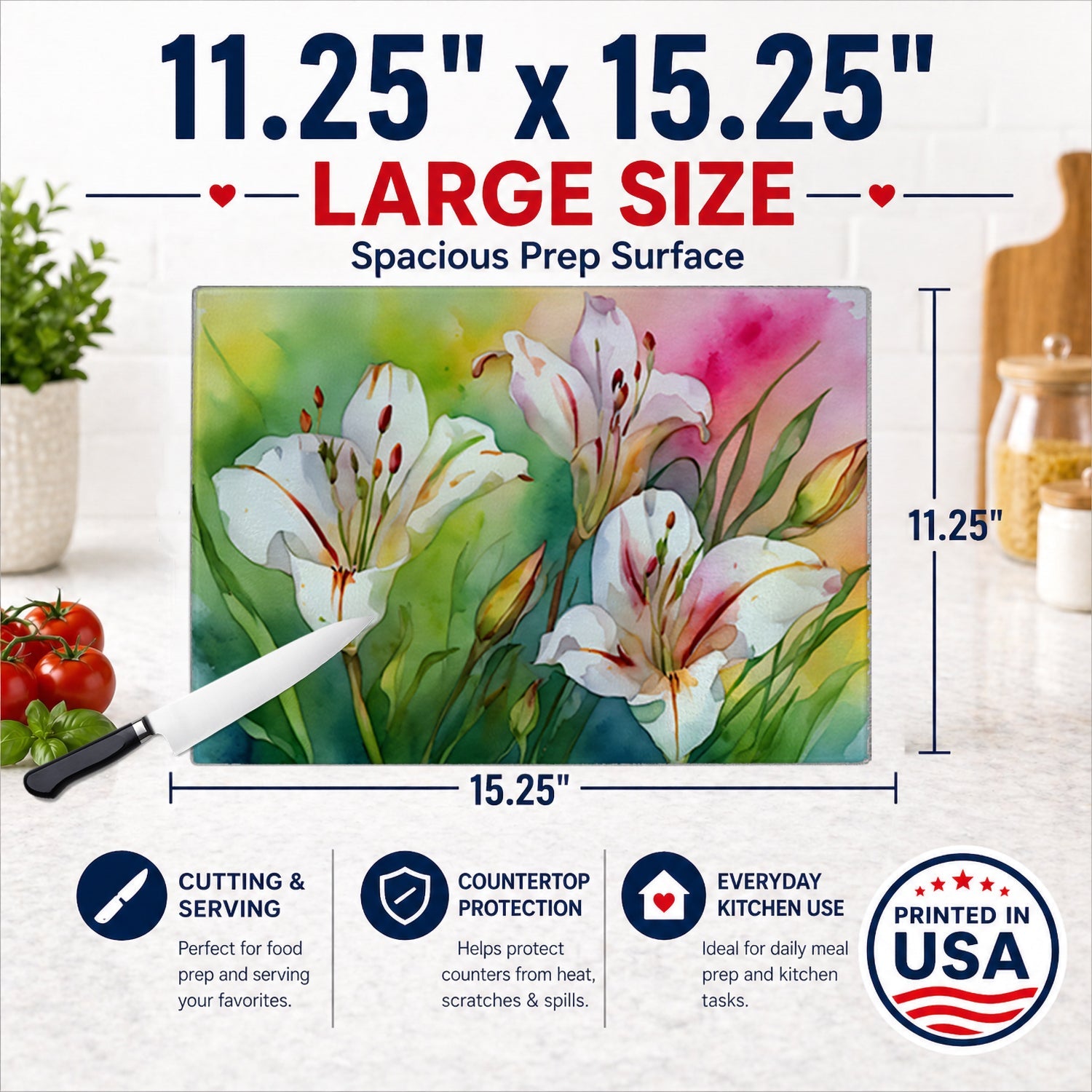 Utah Sego Lilies in Watercolor Cutting Board Tempered Glass Kitchen Cutting Surface, Heat Resistant Chopping, Non-Slip Feet, Food Prep & Serving