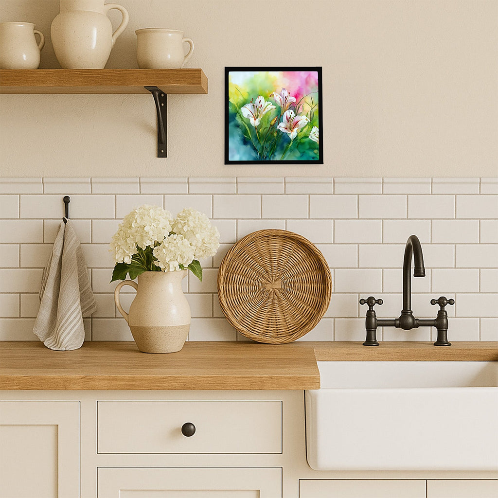 Utah Sego Lilies in Watercolor Framed Metal Print Bathroom, Kitchen, Office, Home Decor Wall Art Ready to Hang, Square, 8X8