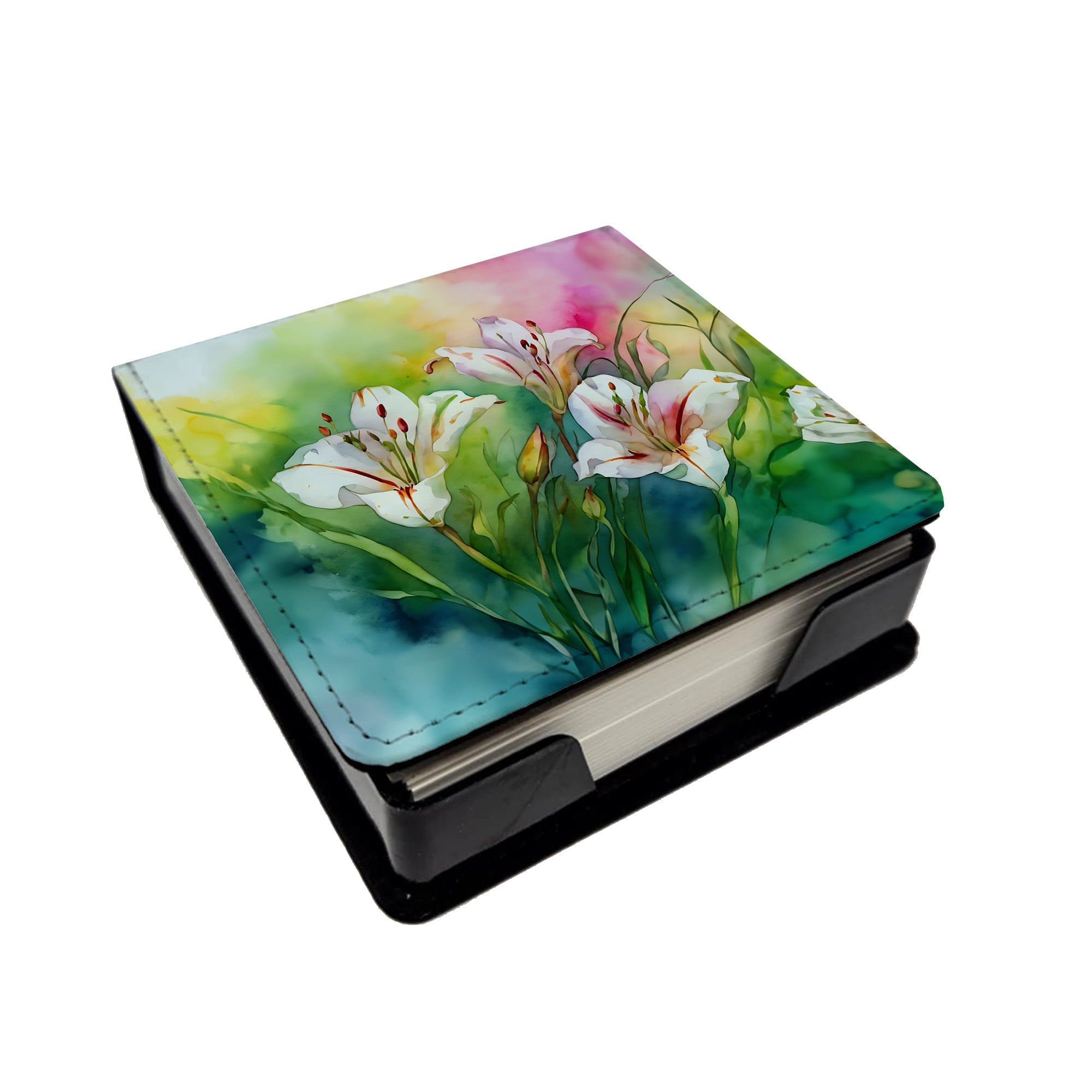 Utah Sego Lilies in Watercolor PU Leather Note Paper Holder with Artist-Designed Cover, Desk Accessory, Office Gift