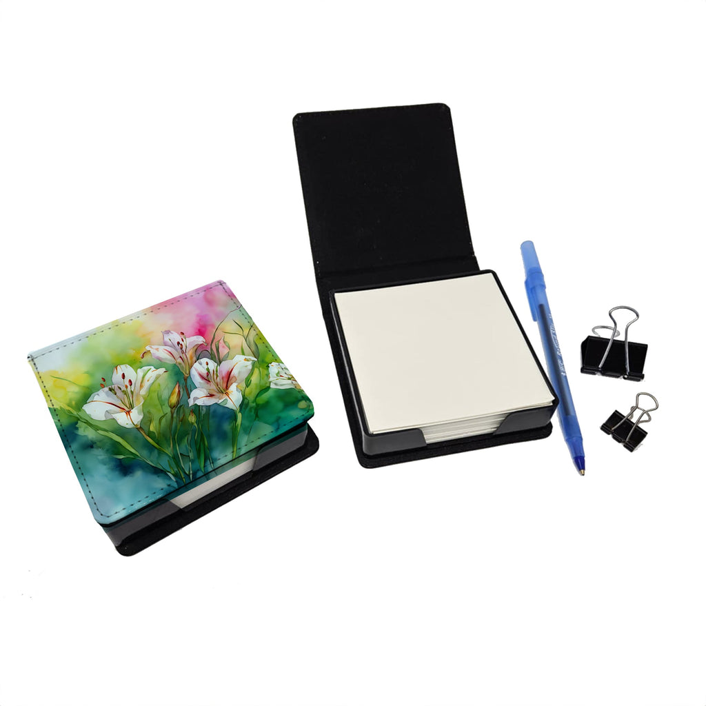 Utah Sego Lilies in Watercolor PU Leather Note Paper Holder with Artist-Designed Cover, Desk Accessory, Office Gift
