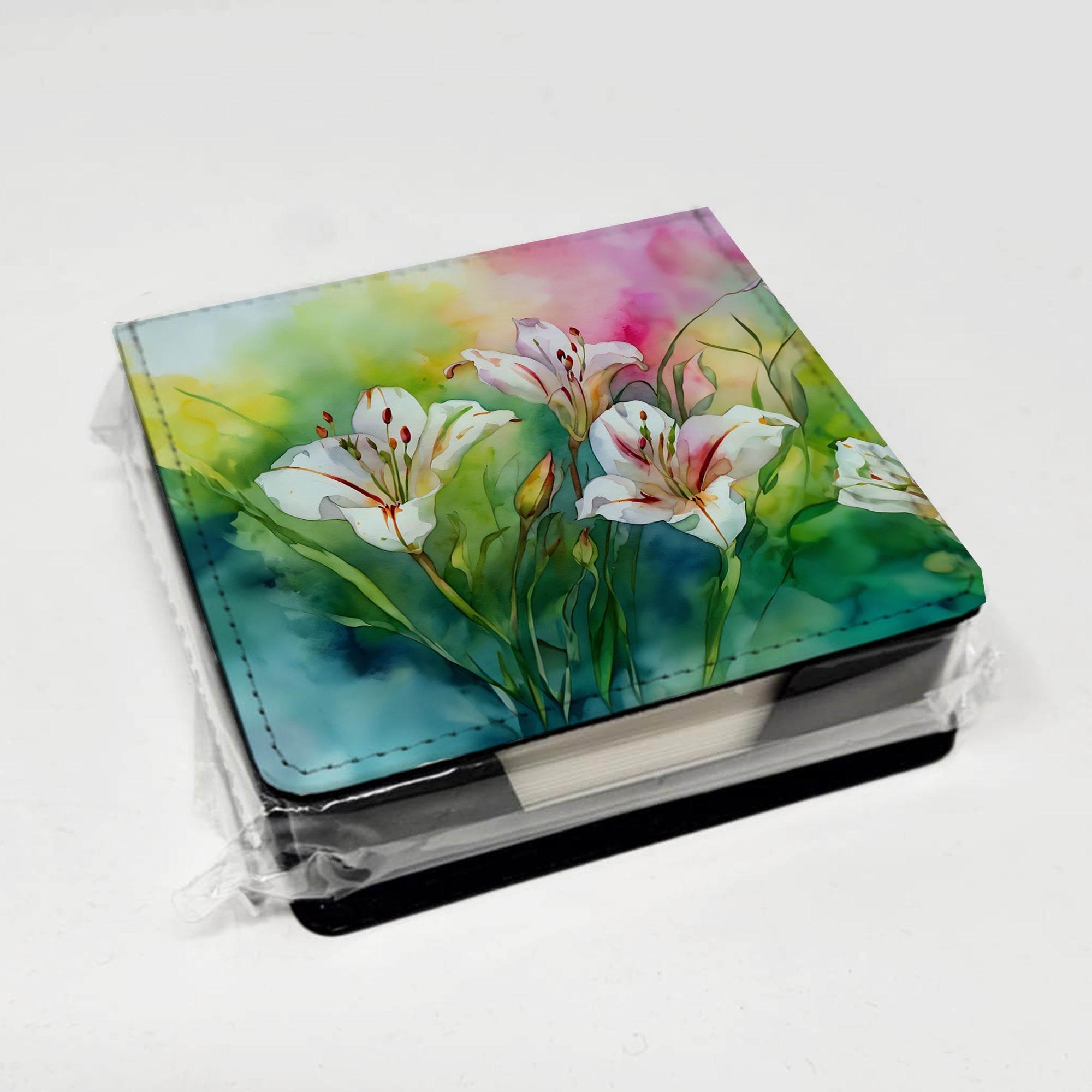 Utah Sego Lilies in Watercolor PU Leather Note Paper Holder with Artist-Designed Cover, Desk Accessory, Office Gift
