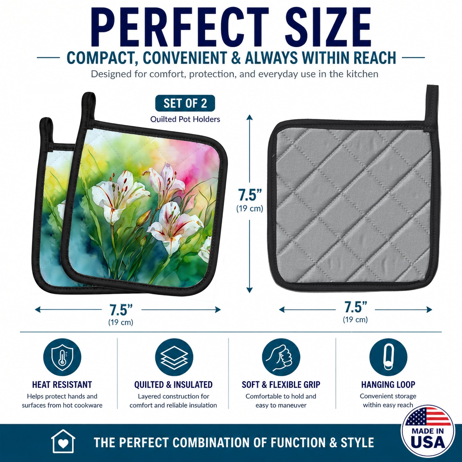 Utah Sego Lilies in Watercolor Pot Holder Set of 2 Heat Resistant Quilted Hot Pads 7.5 x 7.5 Inch, Insulated Kitchen Trivets for Cooking & Baking