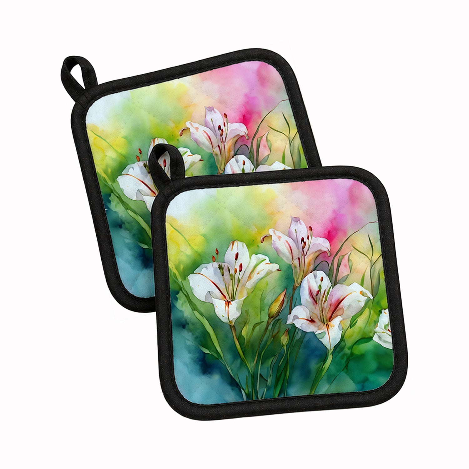 Utah Sego Lilies in Watercolor Pot Holder Set of 2 Heat Resistant Quilted Hot Pads 7.5 x 7.5 Inch, Insulated Kitchen Trivets for Cooking & Baking