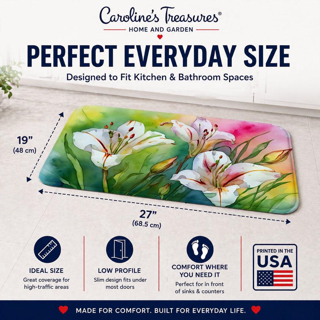 Utah Sego Lilies in Watercolor Memory Foam Kitchen Mat Machine Washable Anti-Fatigue Cushion Comfort Bath or Kitchen Rug