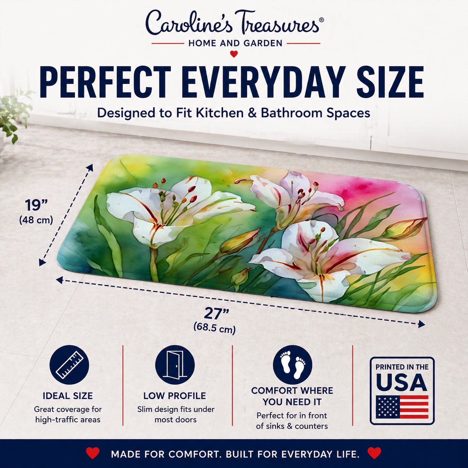 Utah Sego Lilies in Watercolor Memory Foam Kitchen Mat Machine Washable Anti-Fatigue Cushion Comfort Bath or Kitchen Rug