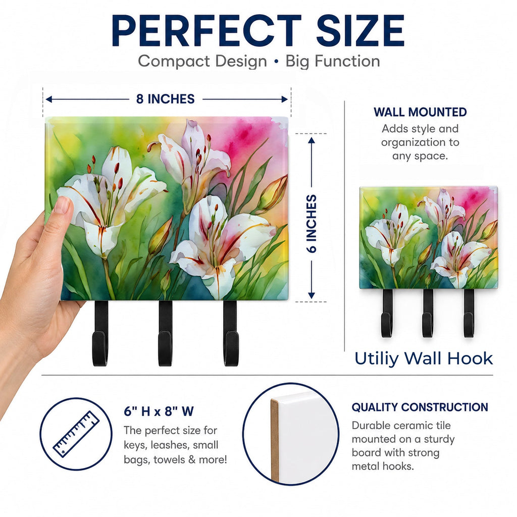 Utah Sego Lilies in Watercolor Leash or Key Holder Wall Hooks, Coat Rack Wall Mount, for Hanging Keys, Towels, Aprons, Leashes