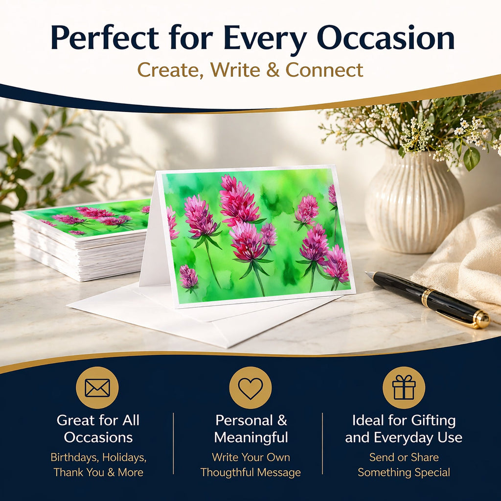 Vermont Red Clover in Watercolor Greeting Cards Pack of 8 Blank Cards with Envelopes Whimsical A7 Size 5x7