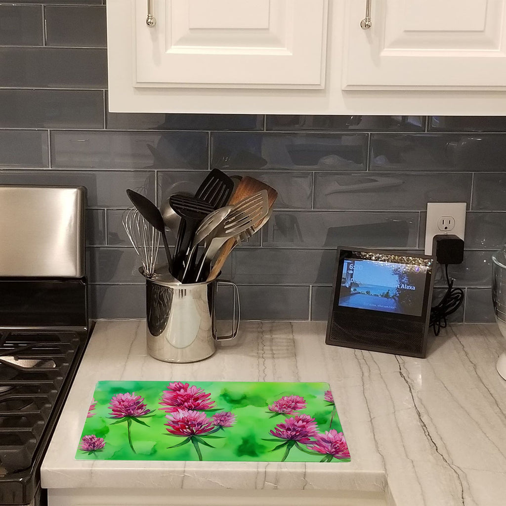 Vermont Red Clover in Watercolor Cutting Board Tempered Glass Kitchen Cutting Surface, Heat Resistant Chopping, Non-Slip Feet, Food Prep & Serving
