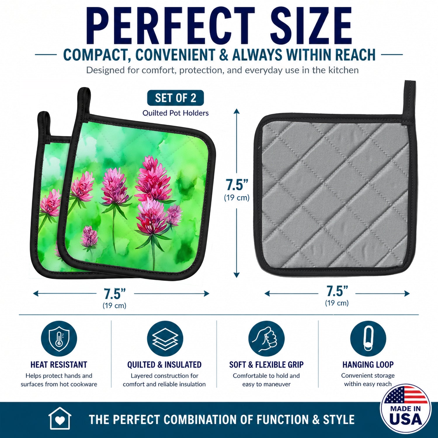 Vermont Red Clover in Watercolor Pot Holder Set of 2 Heat Resistant Quilted Hot Pads 7.5 x 7.5 Inch, Insulated Kitchen Trivets for Cooking & Baking