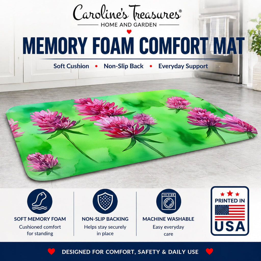 Vermont Red Clover in Watercolor Memory Foam Kitchen Mat Machine Washable Anti-Fatigue Cushion Comfort Bath or Kitchen Rug