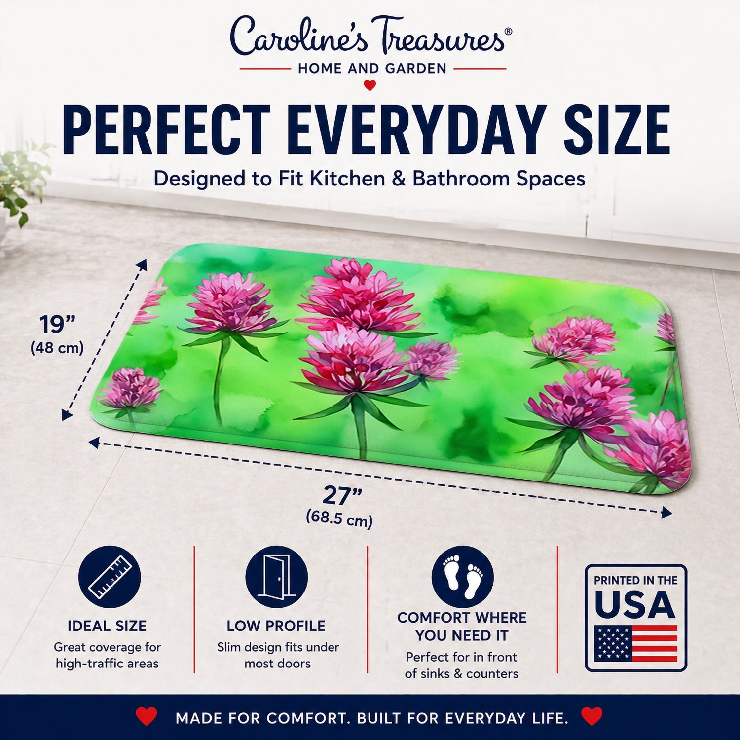 Vermont Red Clover in Watercolor Memory Foam Kitchen Mat Machine Washable Anti-Fatigue Cushion Comfort Bath or Kitchen Rug