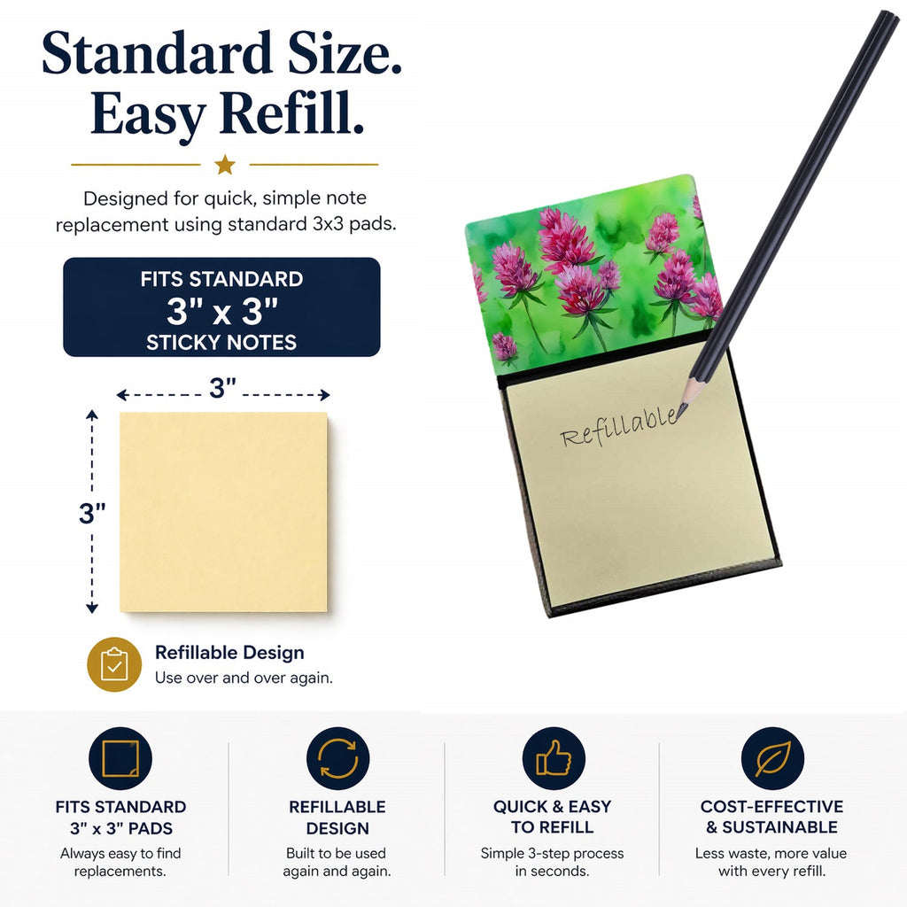 Vermont Red Clover in Watercolor Watercolor Sticky Note Holder Refillable Dispenser Desk Accessory 3x3 Pad Gift