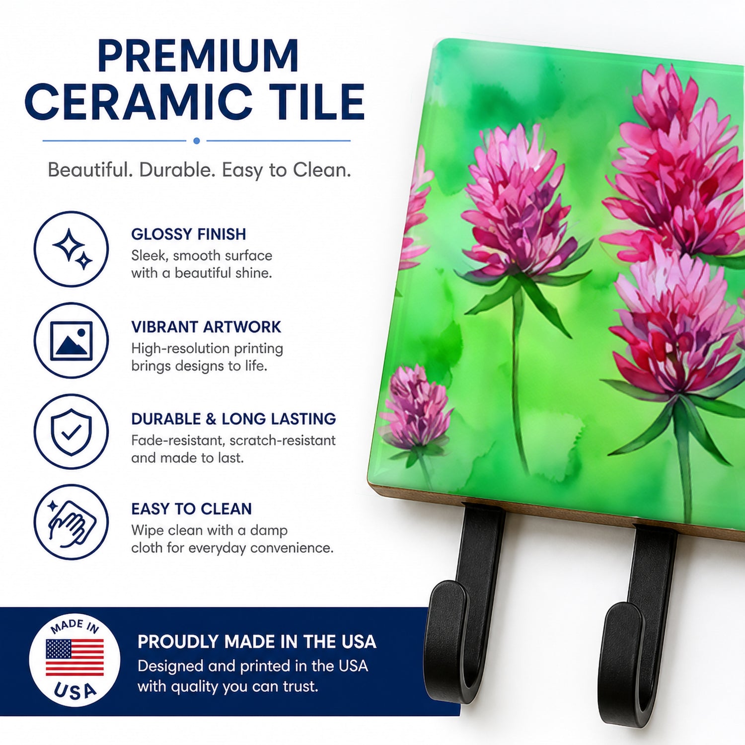 Vermont Red Clover in Watercolor Leash or Key Holder Wall Hooks, Coat Rack Wall Mount, for Hanging Keys, Towels, Aprons, Leashes