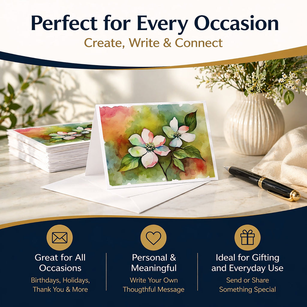 Virginia American Dogwood in Watercolor Greeting Cards Pack of 8 Blank Cards with Envelopes Whimsical A7 Size 5x7