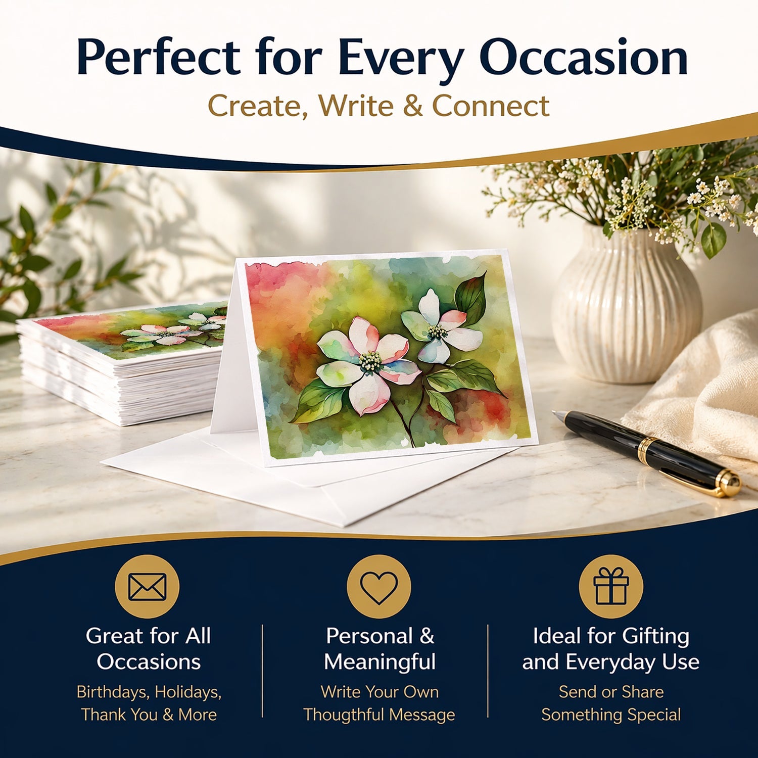 Virginia American Dogwood in Watercolor Greeting Cards Pack of 8 Blank Cards with Envelopes Whimsical A7 Size 5x7