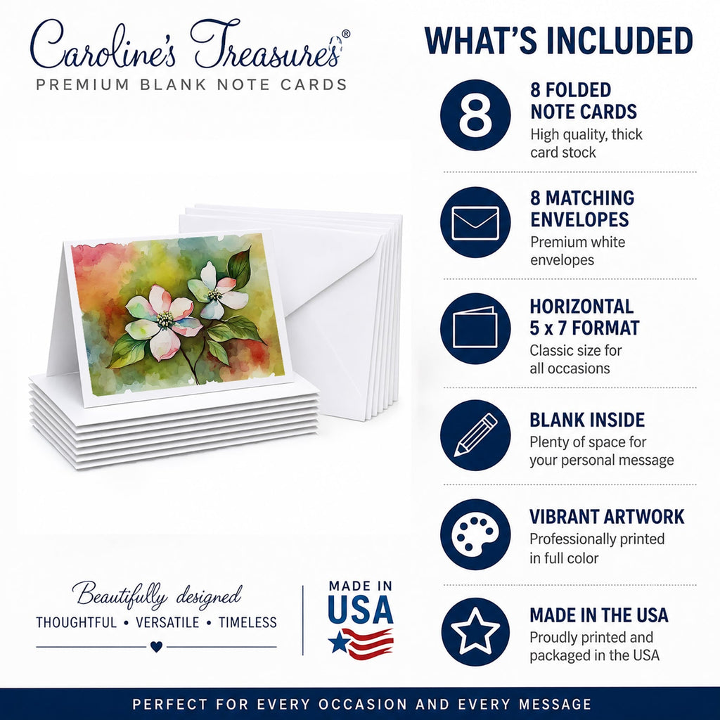 Virginia American Dogwood in Watercolor Greeting Cards Pack of 8 Blank Cards with Envelopes Whimsical A7 Size 5x7