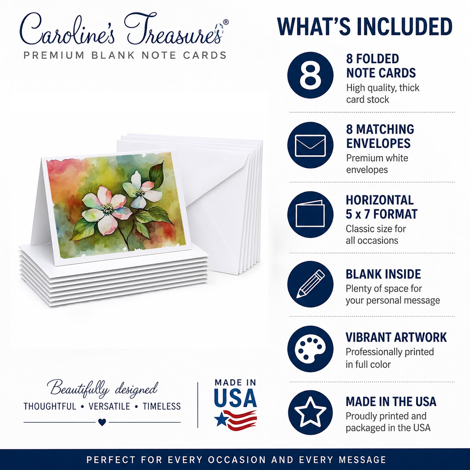 Virginia American Dogwood in Watercolor Greeting Cards Pack of 8 Blank Cards with Envelopes Whimsical A7 Size 5x7