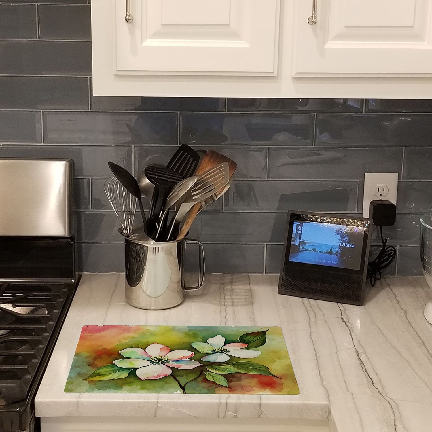 Virginia American Dogwood in Watercolor Cutting Board Tempered Glass Kitchen Cutting Surface, Heat Resistant Chopping, Non-Slip Feet, Food Prep & Serving