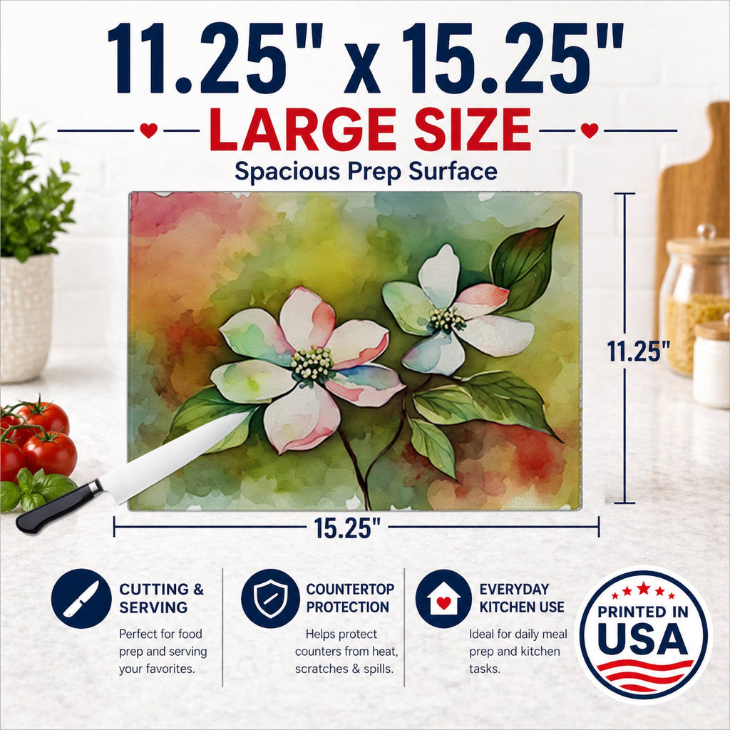 Virginia American Dogwood in Watercolor Cutting Board Tempered Glass Kitchen Cutting Surface, Heat Resistant Chopping, Non-Slip Feet, Food Prep & Serving