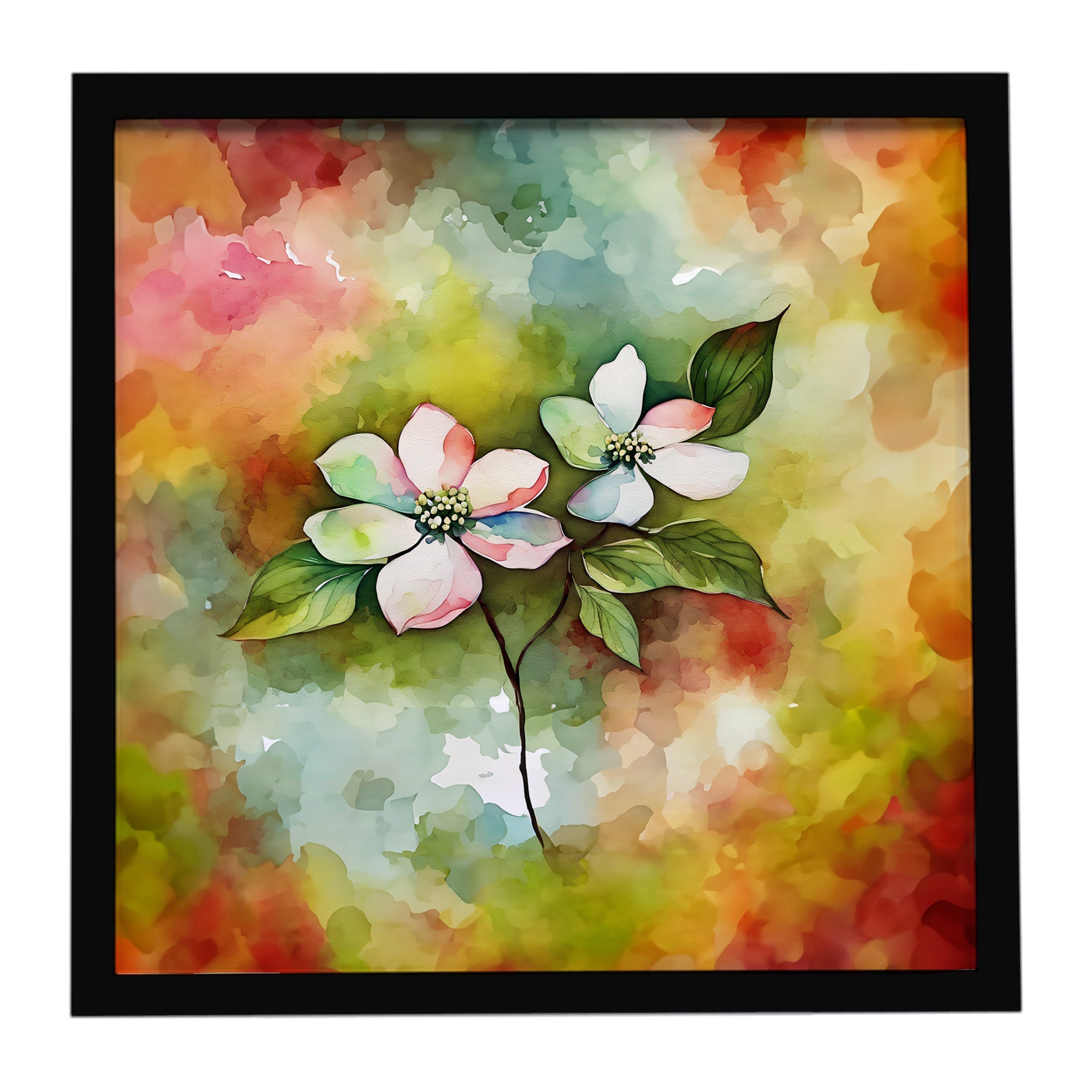 Virginia American Dogwood in Watercolor Framed Metal Print Bathroom, Kitchen, Office, Home Decor Wall Art Ready to Hang, Square, 8X8