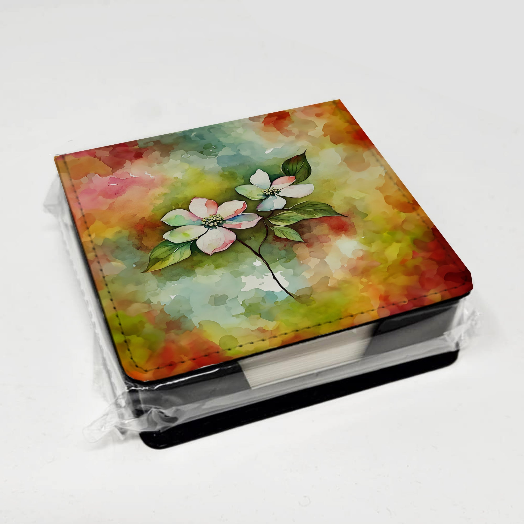 Virginia American Dogwood in Watercolor PU Leather Note Paper Holder with Artist-Designed Cover, Desk Accessory, Office Gift