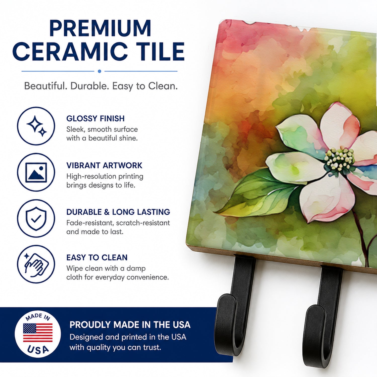 Virginia American Dogwood in Watercolor Leash or Key Holder Wall Hooks, Coat Rack Wall Mount, for Hanging Keys, Towels, Aprons, Leashes